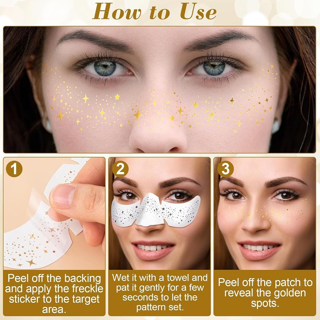 6 Pcs Gold Glitter Tattoos, Glitter Face Makeup Patches, Glitter Face Glitter Festival for Women, for Party/Carnival/Festival/Christmas image number 3
