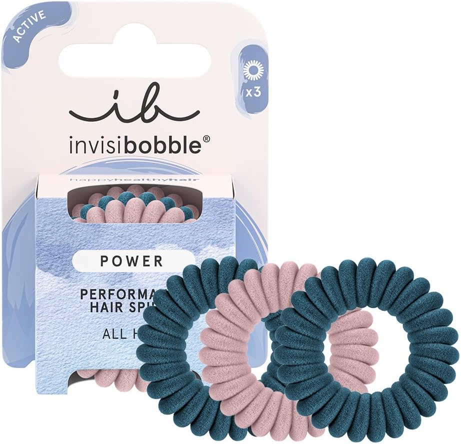 Invisibobble Power Spiral Hair Bobbles Plush in Dark Pink and Blue - Extra Strong Spiral Hair Bobbles for Sports - Pack of 3
