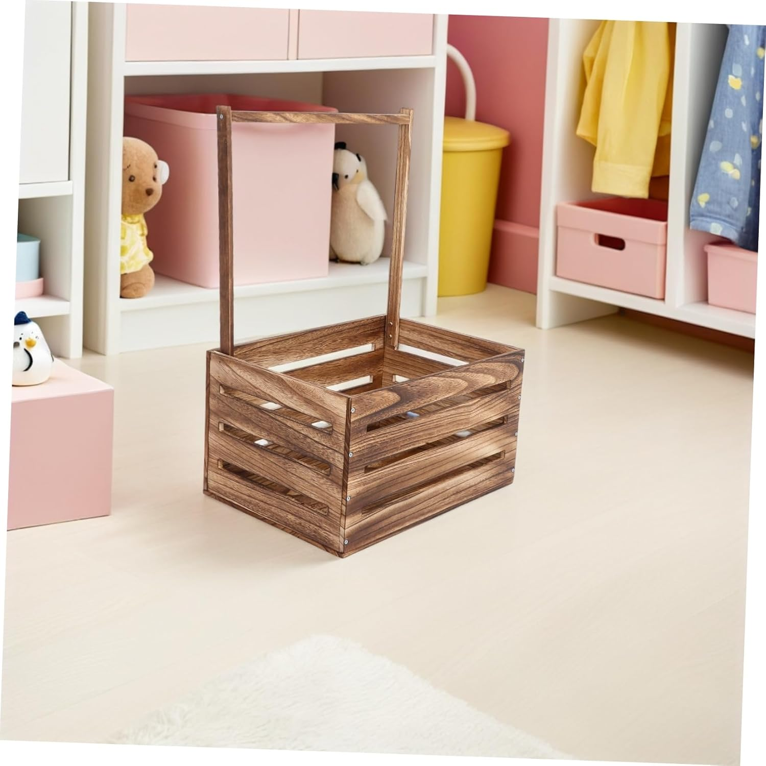 Natural Wood Storage Crate Hamper with Handle Multipurpose Wooden Closet Basket for Newborns Clothes Organizer and Shower Parents Pregnancy Keepsake Box image number 3