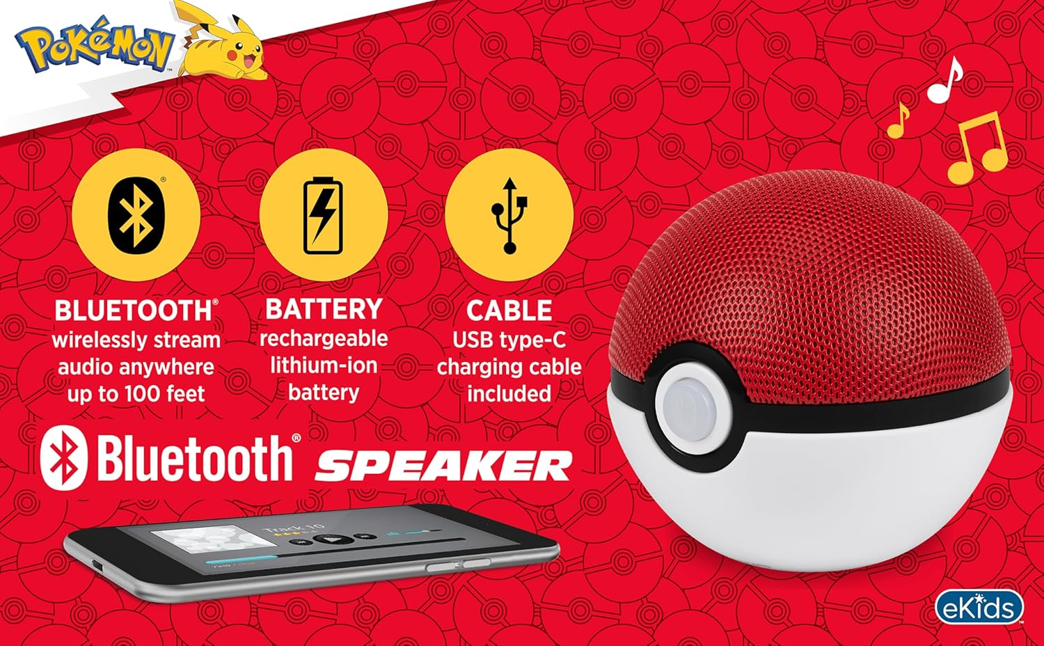 Ekids Pokemon Pokeball Bluetooth Speaker, Wireless Speaker with Rechargeable Battery and USB-C Charging Cable image number 1