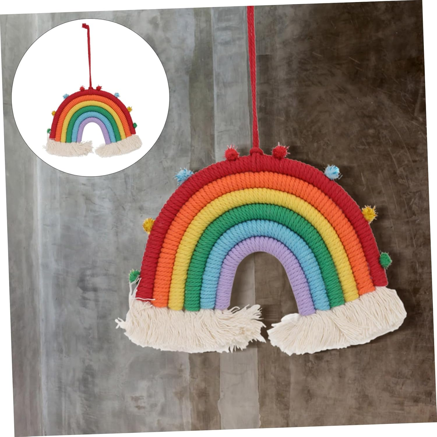 Ciieeo Colorful Rainbow Wall Hanging Tapestry Handmade Decorative Pendant Woven Craft for Baby Room Decor Red Color Ball