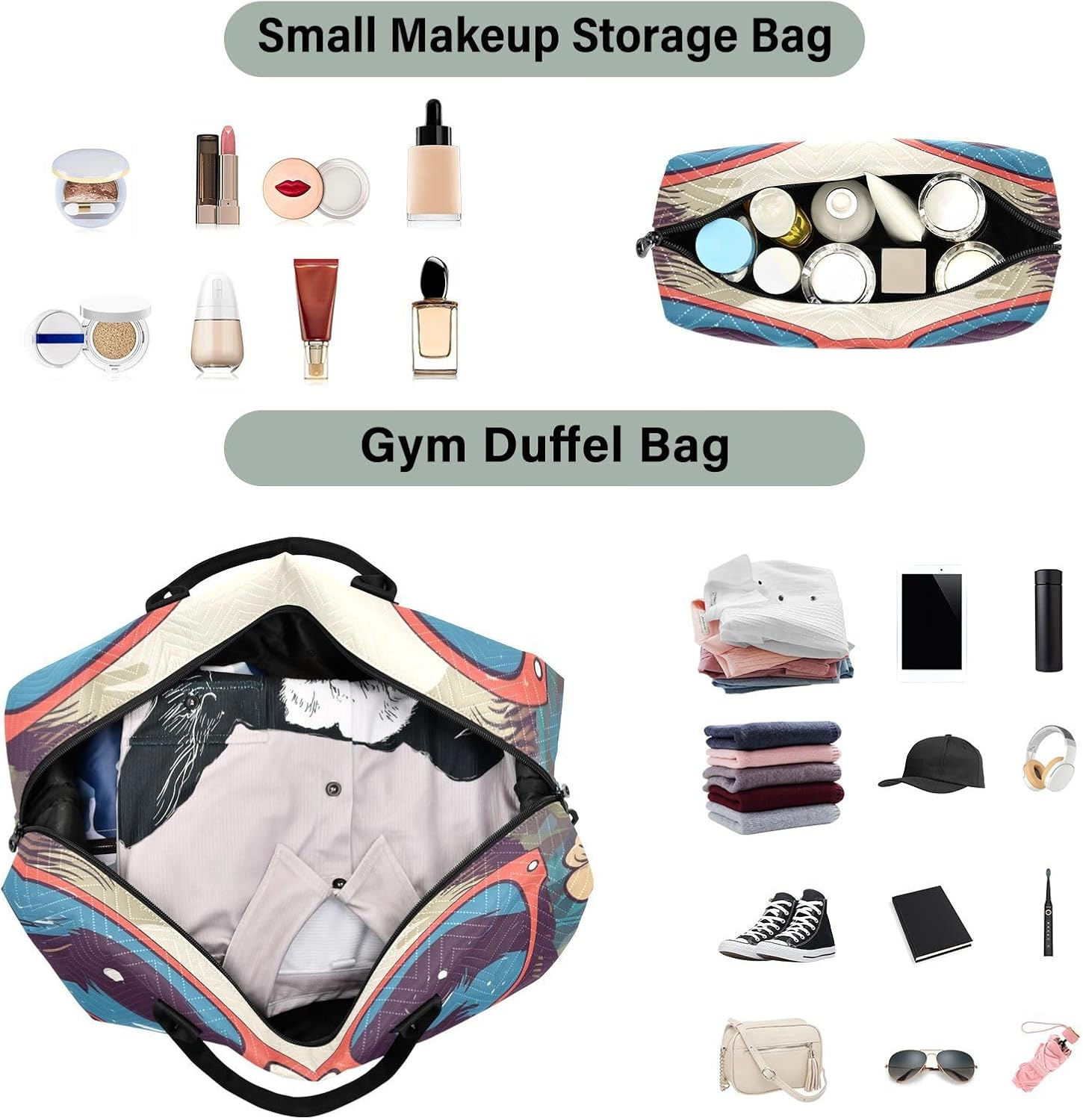 XYMZR Large Travel Duffel Bag, Happy Sloth Glasses Sports Tote Gym Bag, Shoulder Weekender Overnight Bag for Women Men, Carry on Luggage with Toiletry Bags, Multi-Colored, Multi-Colored image number 4