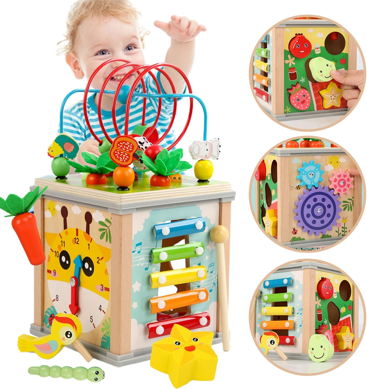 Uandhome 10 in 1 Wooden Activity Cube for Toddlers 1-3,10-In-1 Montessori Toys Gift Set for Boys & Girls, Educational Learning Toys for 2 Year Olds, One Year Old Baby Birthday Gifts image number 2