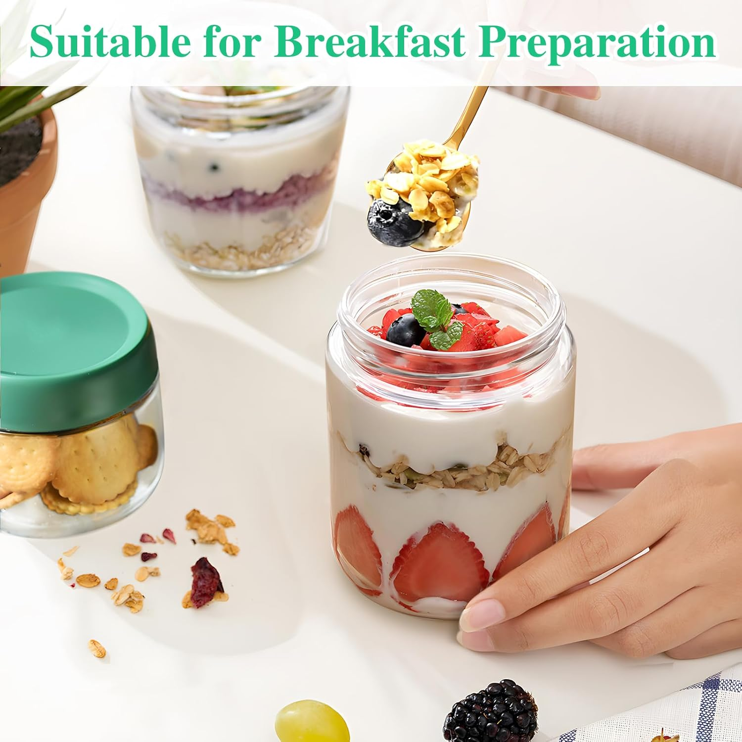 8 Pcs 480Ml/16Oz Overnight Oats Container Glass Jar with Lids, Meal Prep Food Storage Glass Containers, Wide Mouth Overnight Oats Mason Jars for Snacks Yogurt Chia Pudding Cereal Breakfast image number 5