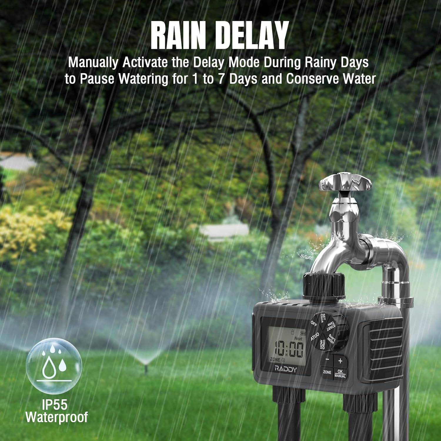 Raddy WS-5 Water Timer for Garden Hose, Sprinkler Timer with 2 Outlet, Irrigation Timer for Yard Outdoor Watering, Rain Delay/Manual/Automatic System image number 2