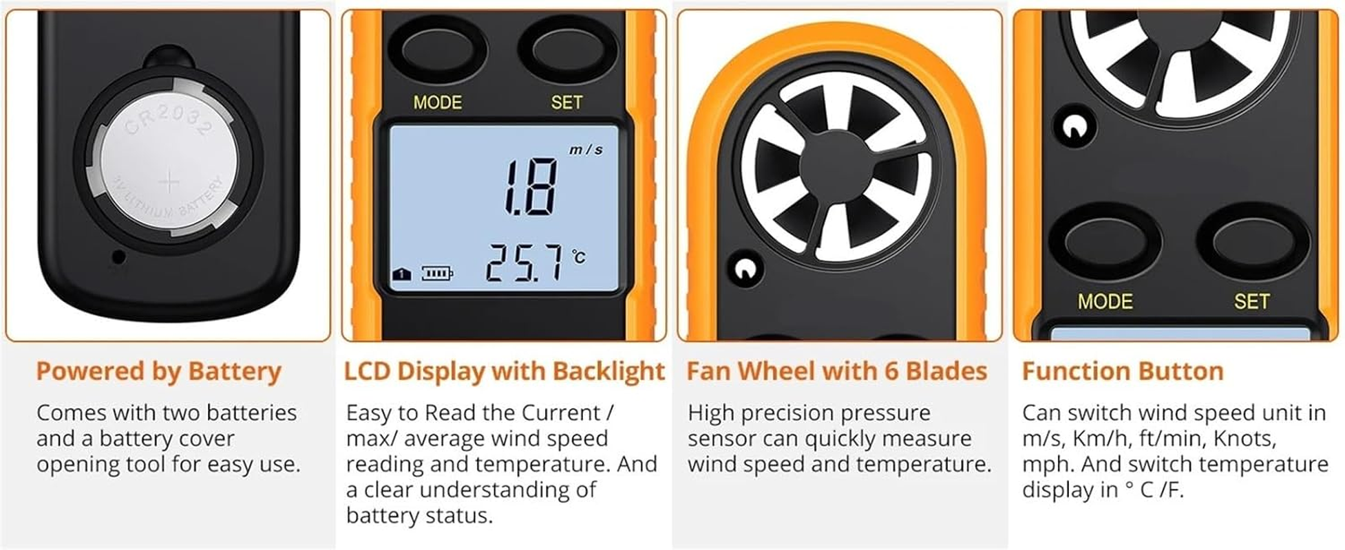 Anemometer, 3-In-1 Digital Wind Speed Meter, Backlight LCD, for Drones, Windsuing, Kite Flying image number 5