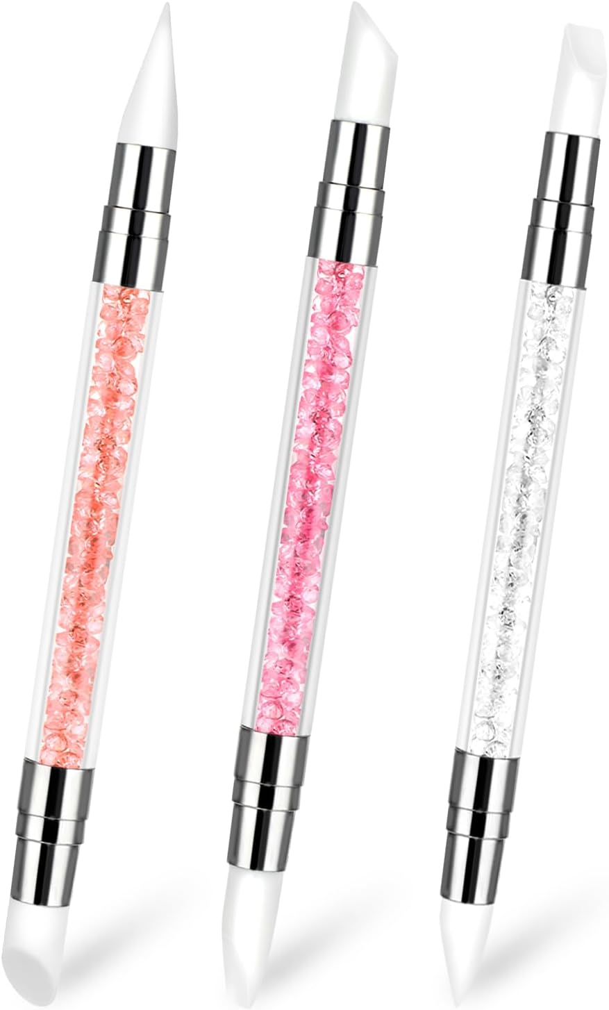 3 Pcs Nail Art Sculpture Pen, Dual Tipped Silicone Nail Tools, Silicone Head Acrylic Handle Nail Art Brushes, Rhinestone Nail Polish Carving Pen, Nail Art Tools for Home Salon(White, Pink, Orange) - Blue, Green, Orange image number 4