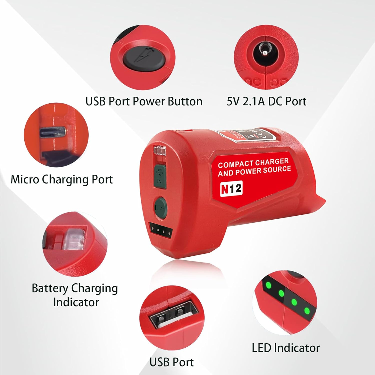 M12 12V USB Power Source Charger Adapter for Milwaukee M12 Lithium Battery, W/Type-C Input Charing Port, USB Output & DC 12 Volt Outlet for 12V Heated Jacket, Replace 48-59-1201 49-24-2310 image number 1