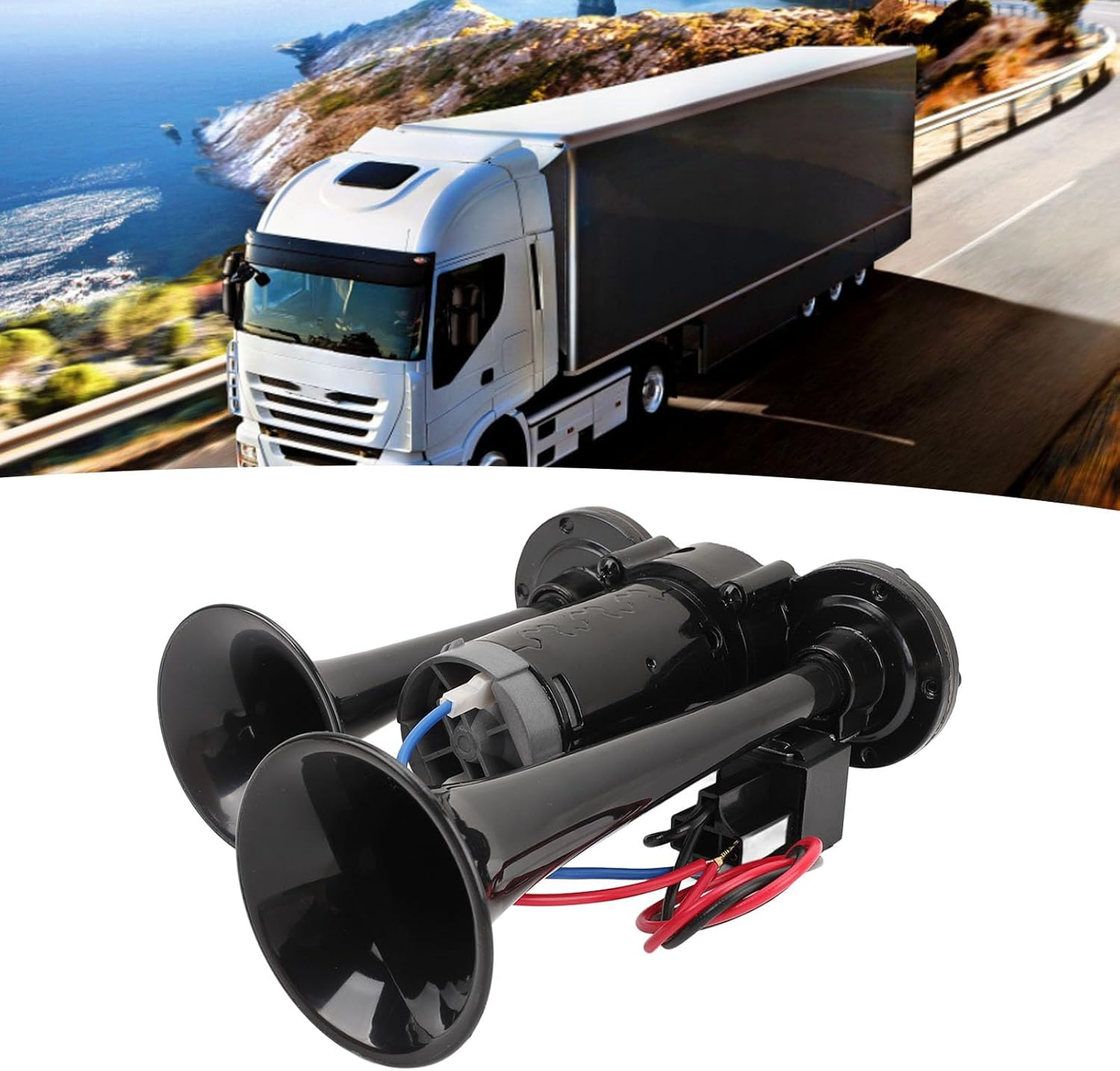 Super Loud Air Horn, DC24V 130Db Dual Trumpet Air Horn Kit, 0.08Mpa - 0.13Mpa Air Pressure Car Train Horns for Any 24V Vehicle Trucks Car or SUV, Easy Installation