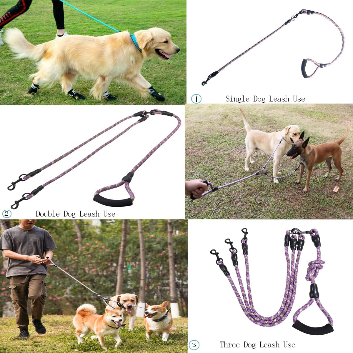 Heyllou 3 Dog Leash - Padded Handle, 360&deg; Swivel Multiple Dog Leash No Tangle, Lead for Medium Large Dogs, Walking & Training Double Dogs (Purple Green) image number 6