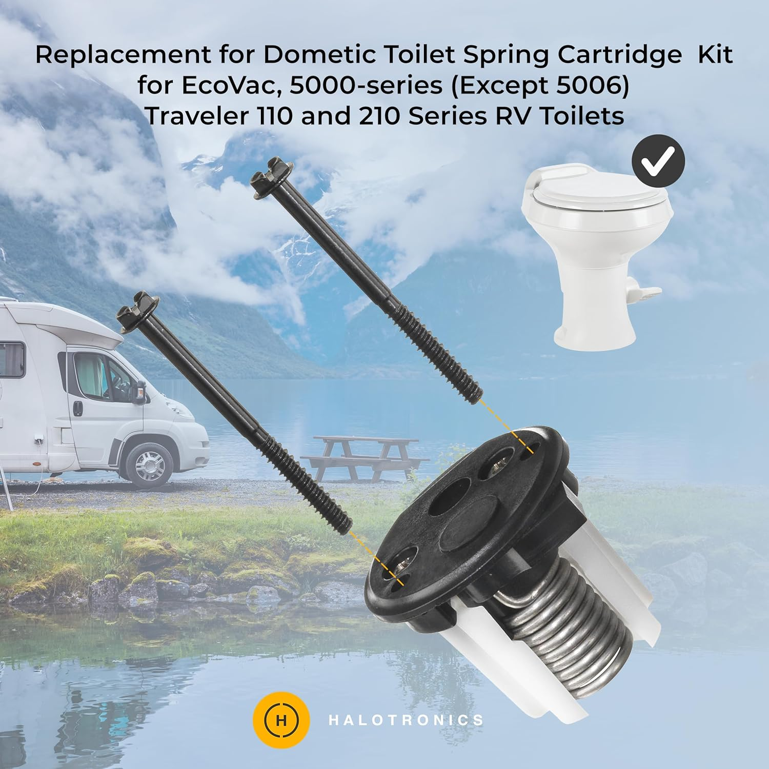 Halotronics 385310683 Compatible Replacement for Dometic Toilet Spring Cartridge Kit with Black End Cap, for Ecovac, 5000-Series (Except 5006), Traveler 110 and 210 Series RV Toilets - New 2024