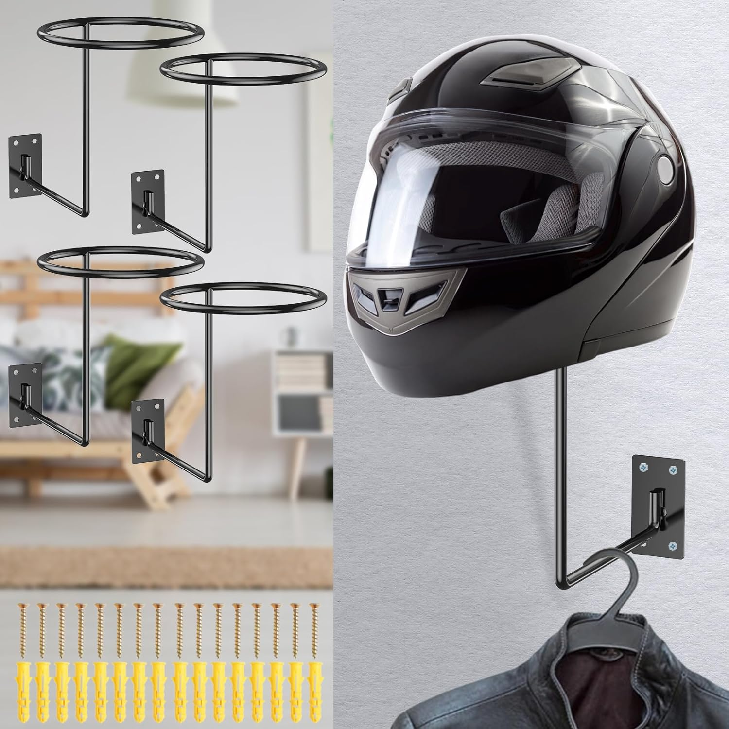 4Pcs Helmet Holder Strong Load Bearing Helmet Holder Stand Rustproof Wall Mount Helmet Hanger Space Saving Helmet Rack Wall Helmet Stand Easy to Install Motorcycle Helmet Holder image number 4
