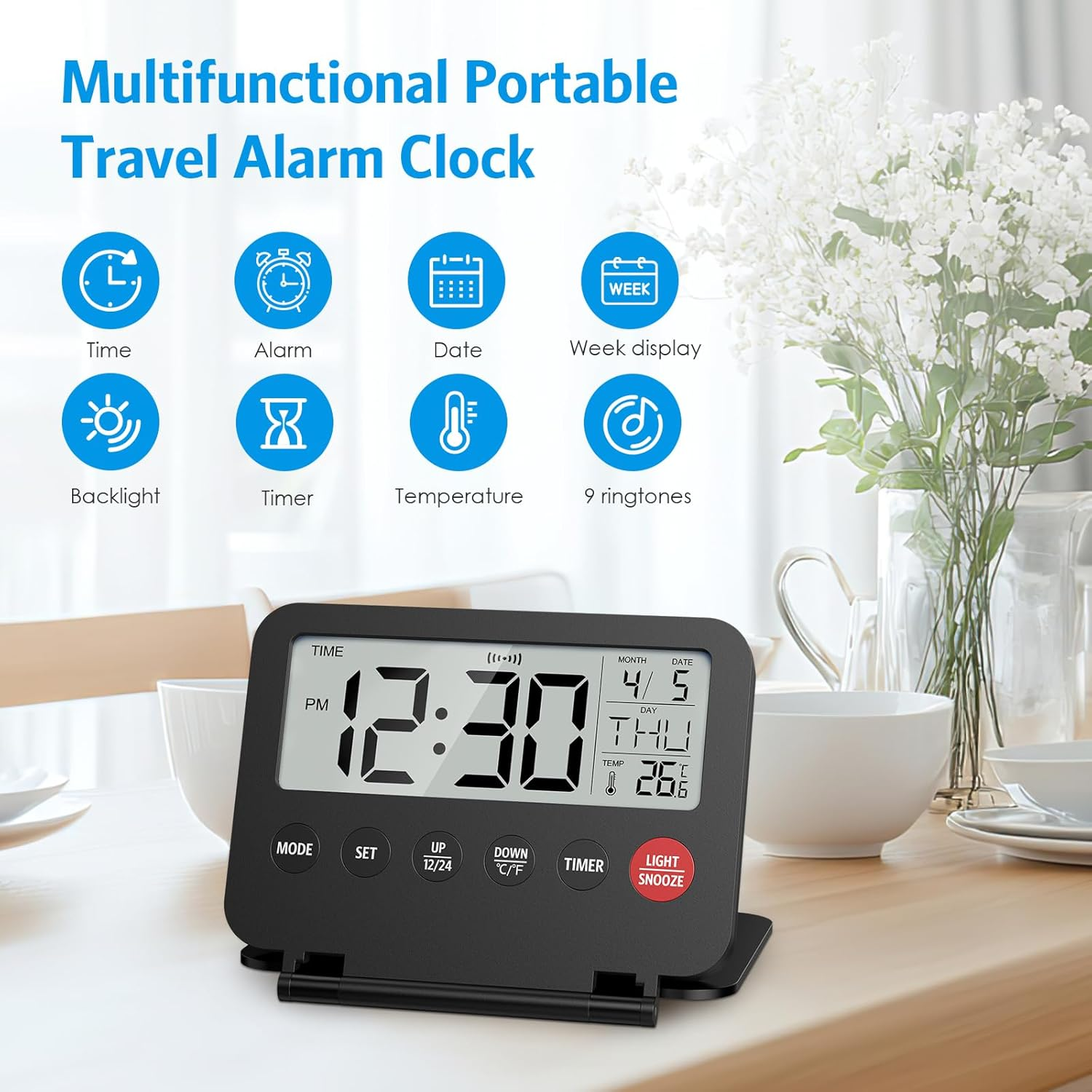 AMIR Digital Travel Alarm Clock, Foldable Calendar Temperature Timer Clock with LCD Display, Snooze, 12/24H, Countdown Function, Battery Operated Desk Clock for Travel, Home, Office, Bedroom, Black image number 1