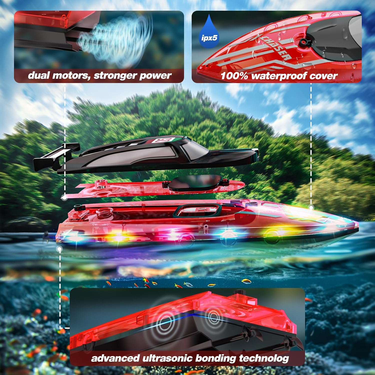 RC Boat with Dazzling LED Lights & US Flag,2.4Ghz Remote Control Racing Boats for Kids 8-12,Toy Water Boat for Pools and Lakes with Waterproof for Boys Girls RED image number 1