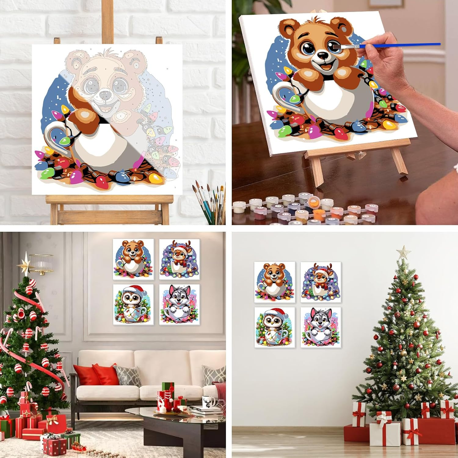 HEIBAGO Christmas Framed Paint by Numbers for Audlts, 4 Pack Animal Paint by Numbers Canvas, Audlt DIY Owl Oil Paint by Numbers Kits, Elk Painting Art Craft for Home Wall Decor 20X20Cm - Christmas Animal Dog Cat image number 5