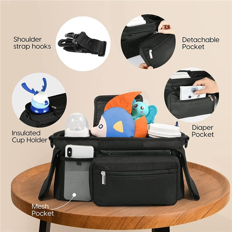 Anfylife Unversal Stroller Organizer with 2 Insulated Cup Holders, Adjustable Hook + Strap, 8-Pocket Diaper Caddy & Wipe Dispenser, Suitable for Newborns and New Parents,Black image number 1