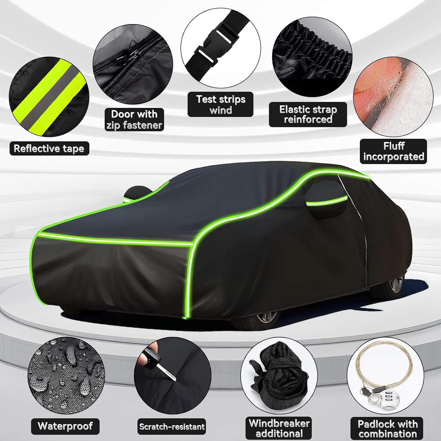 Velomira SUV Car Cover, Waterproof with Cotton Lining, Zippers & Reflective Strips Uv-Resistant, Snowproof, Scratch-Resistant, Outdoor Use Compatible with Models Measuring 520X200X180Cm (Black Green) image number 6
