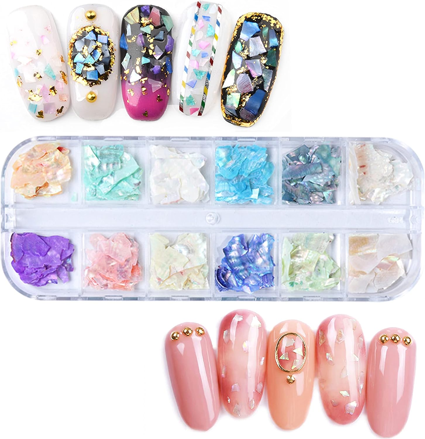 12 Colors Aurora Nail Art Crushed Shells Box, Beauties Factory 3D Nail Art Ocean Style Irregular Flakes Thin Slices Art & Craft Kit image number 1