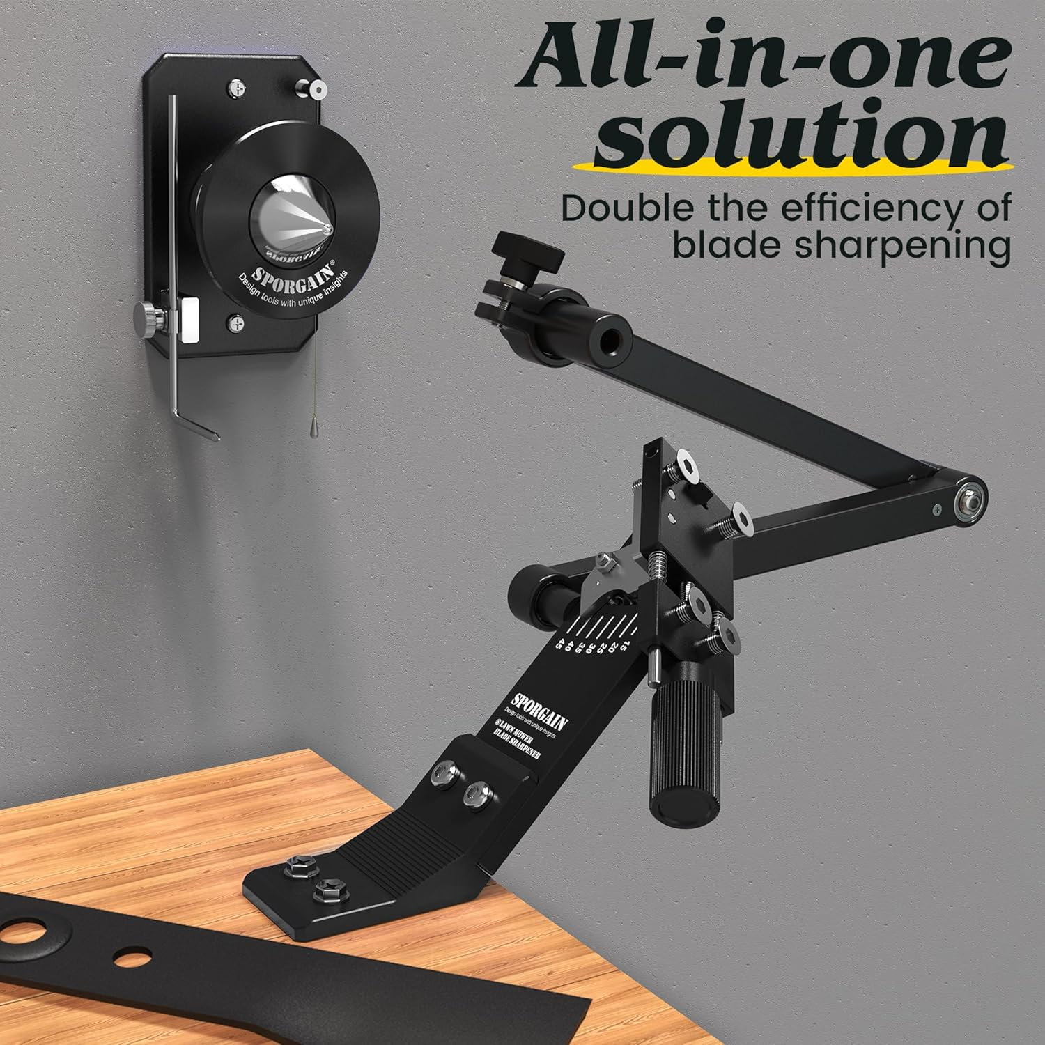 Lawn Mower Blade Sharpener & Lawn Mower Blade Balancer, 15&deg;-45&deg; Adjustable Mower Blade Sharpener and High Precision Magnetic Mower Blade Balancer for Many Types of Mower Blade, Black - Blue image number 5