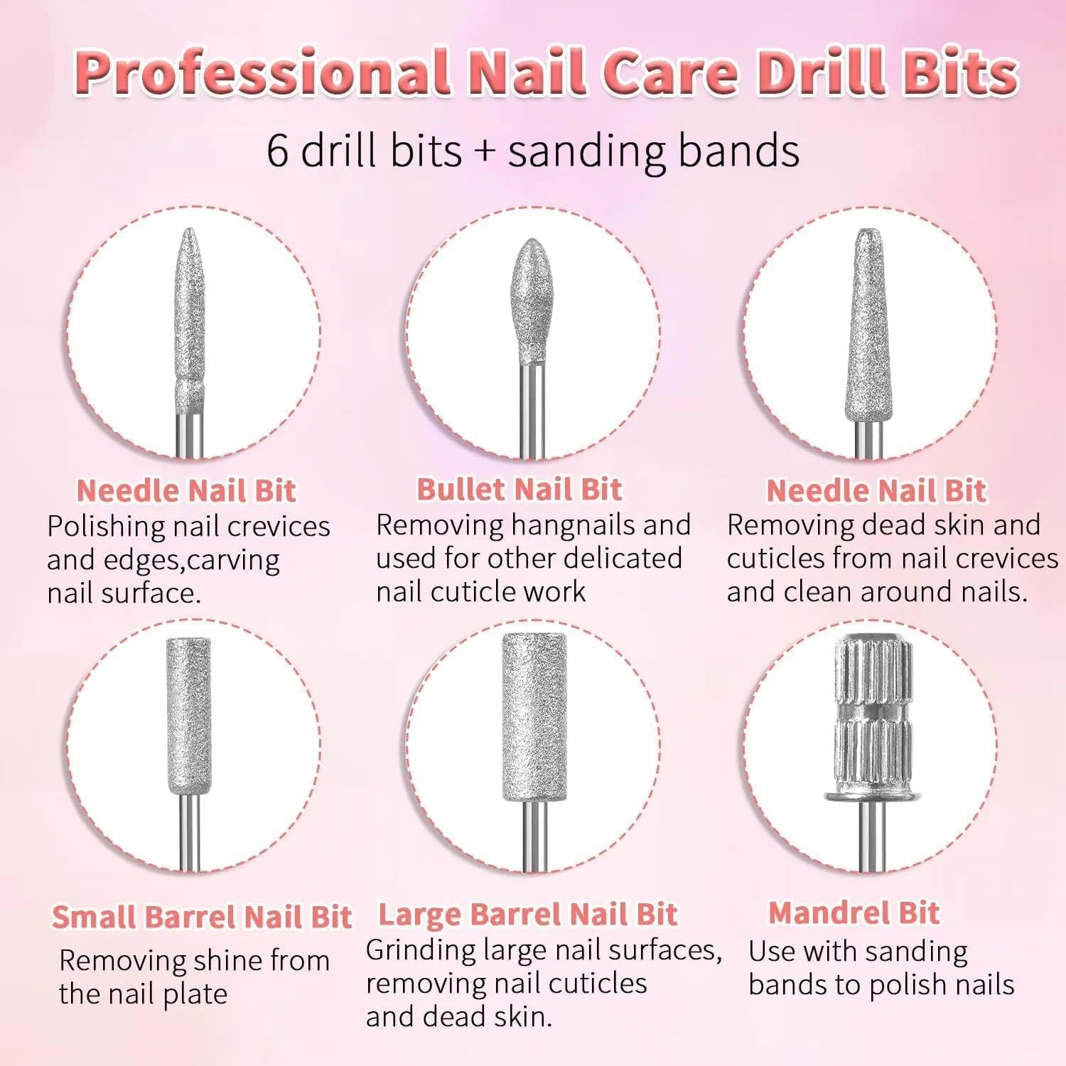 6 Pcs Professional Nail Drill Bits Set with Sanding Bands for Manicure Pedicure, Universal 3/32 Inch Size Stainless Steel - Fengea image number 5