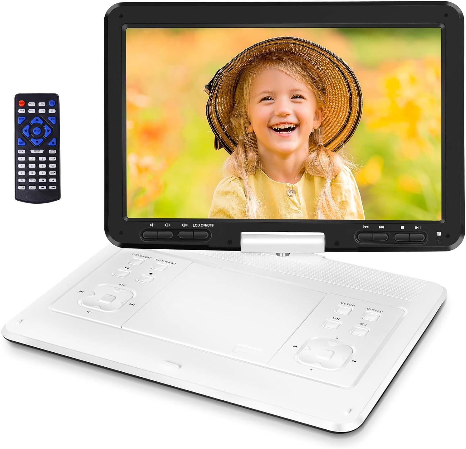 Hothat 16.9'' Portable DVD Player with 6 Hrs Battery, 14.1'' HD Swivel Screen DVD Player Portable, New Screen Button Design, High Volume Speakers, Support Sync Tv/Region Free/Multiple Discs, White image number 2