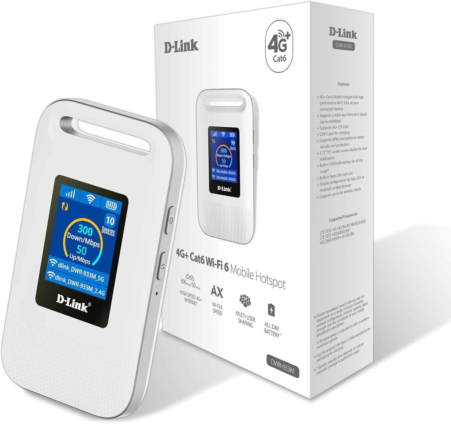 D-Link DWR-933M 4G+ LTE Wifi 6 Mobile Hotpsot with 3000Mah Battery: Travel Router,Unlocked,Share Internet up to 64 Devices,Cat6 LTE-A 300Mbps,Portable Modem,All-Day Connectivity, Compact & Easy Setup image number 2