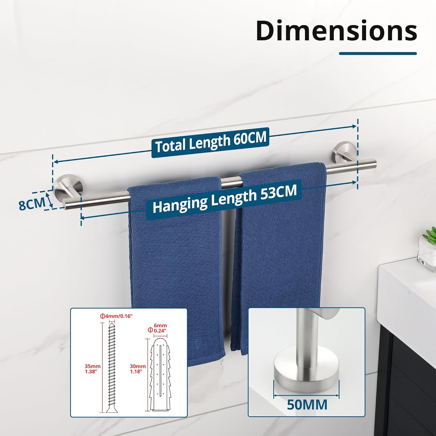 SAYAYO Towel Bar for Bathroom, 24 Inch Towel Rack Hand Towel Holder Rustproof Stainless Steel Brushed Nickel 60CM, Wall Mount (21 Inch Hanging Length) image number 3