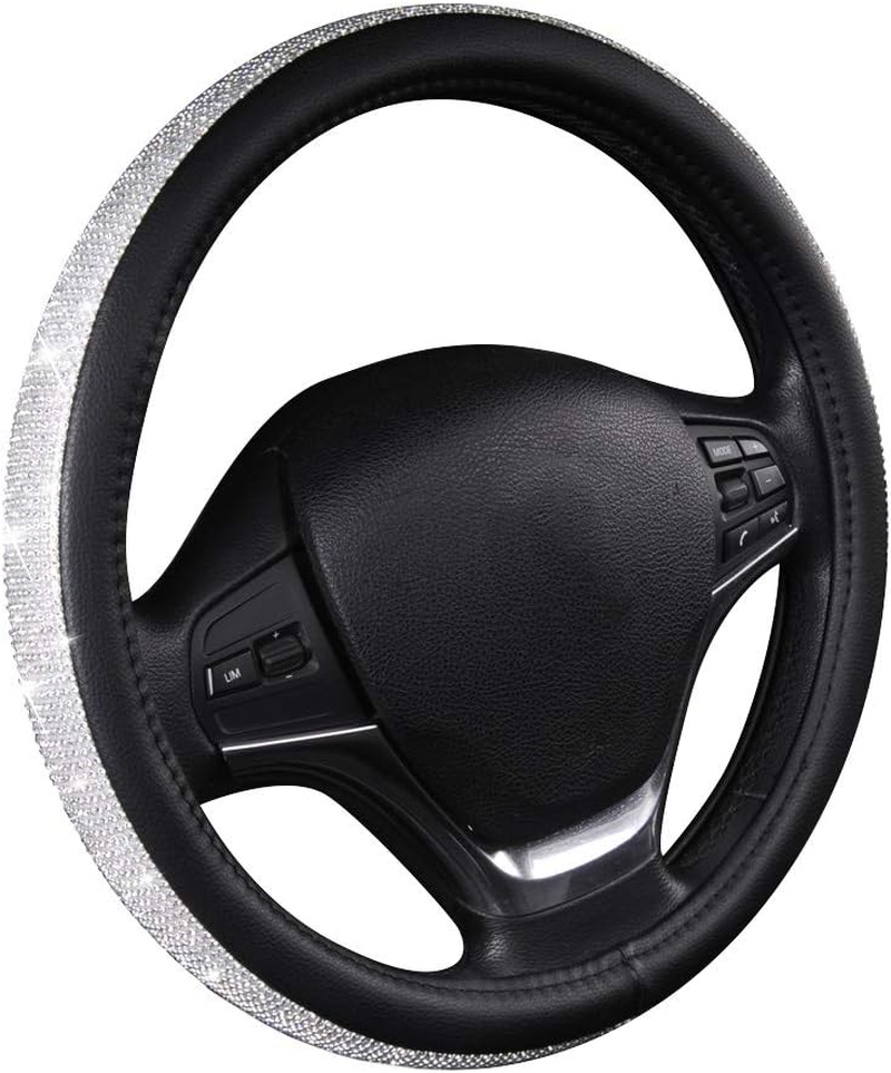 TOYOUN Bling Crystal Car Steering Wheel Covers, Universal Fit Glitter Leather Car Interior Steering Wheels Accessories for Women Girls Ladies(Gold/Silver) Silver