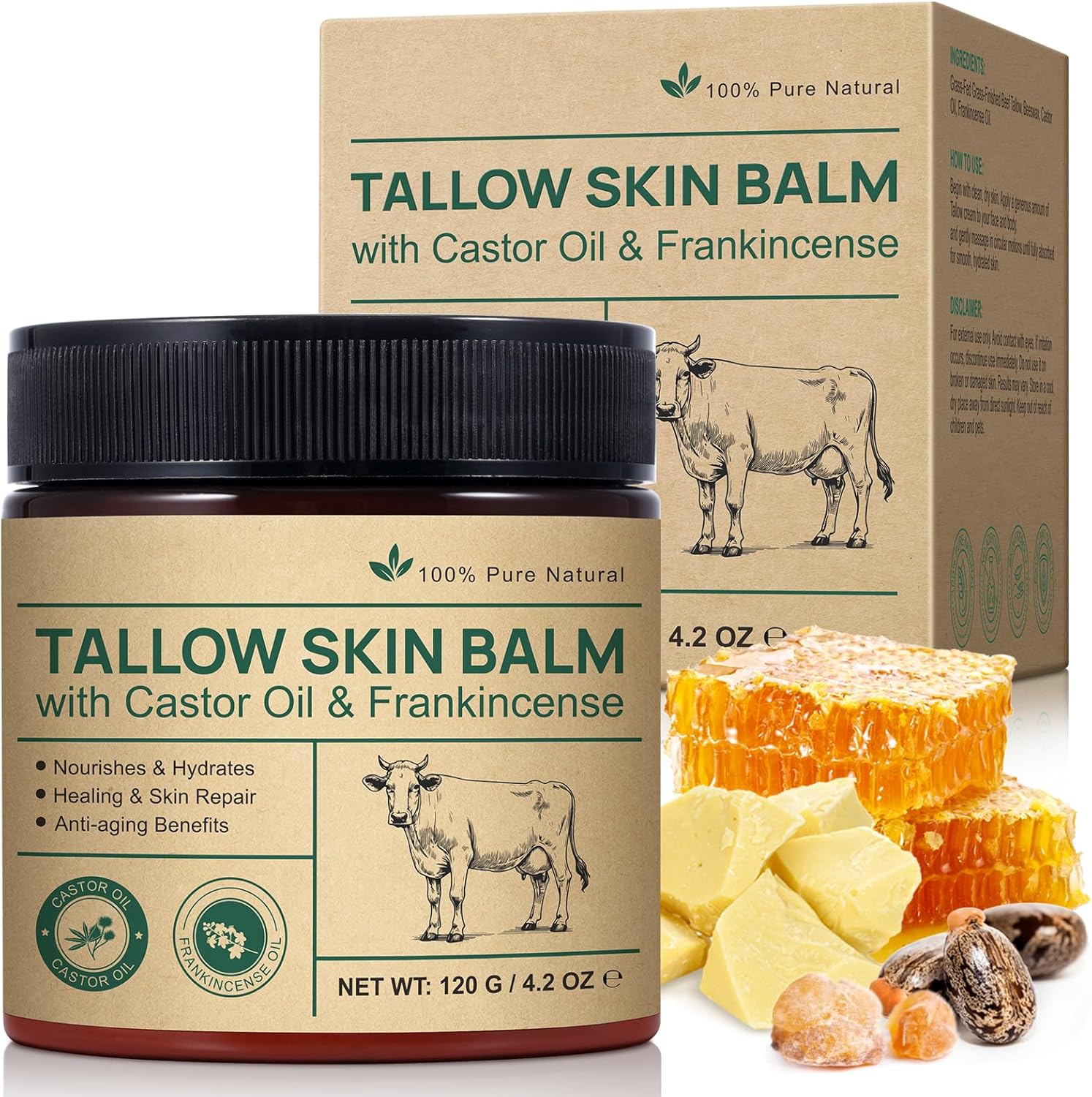 Beef Tallow and Honey Balm for Skin- Organic Grass-Fed Whipped Tallow, Castor Oil, and Frankincense Oil Skin Balm - Deeply Moisturizing for Face & Body - Natural Skincare for Soft, 4Oz. image number 2
