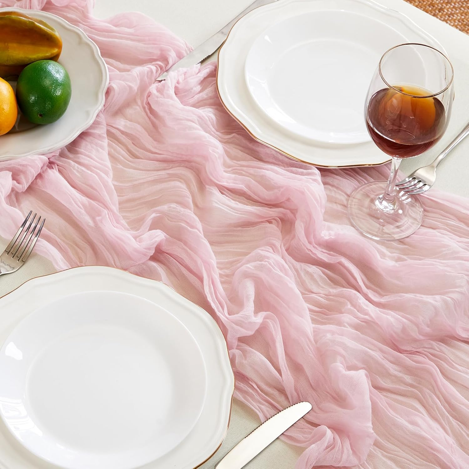 Dusty Pink Table Runner Cheesecloth 2 Pack 10FT Boho Gauze Table Runner 35X120 Inch Rustic Cheese Cloth for Wedding Valentines Party Romantic Table Decoration., Auzszq-90X300-20-2P image number 6