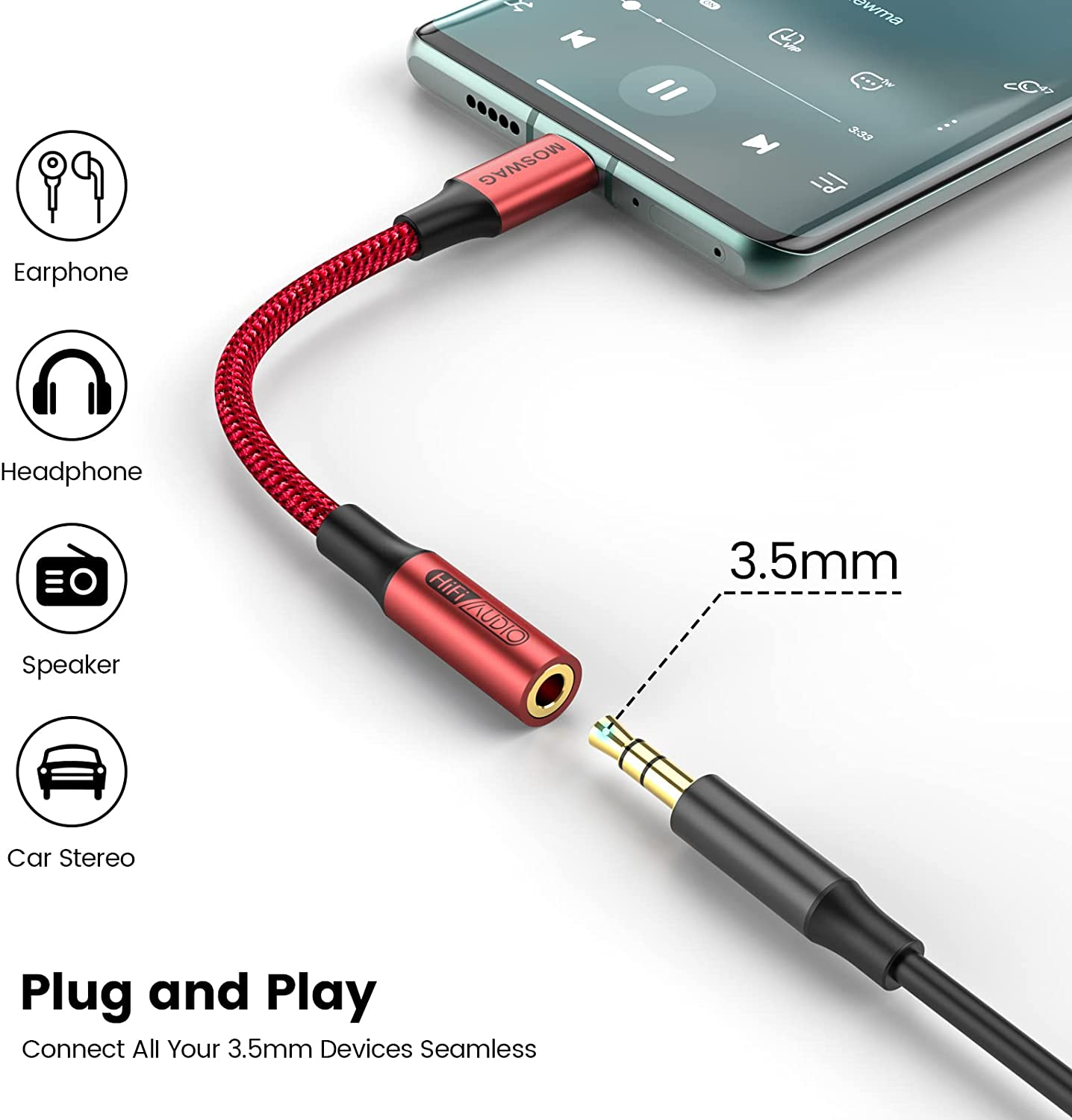 MOSWAG USB C to 3.5Mm Headphone Jack Adapter (2 Pack), USB C to Aux Audio Dongle Cable Cord Compatible with Pixel 4 3 2 XL, Samsung Galaxy S21 S20 Ultra S20+ Note 20 10 S10 S9 plus Ipad Pro image number 5