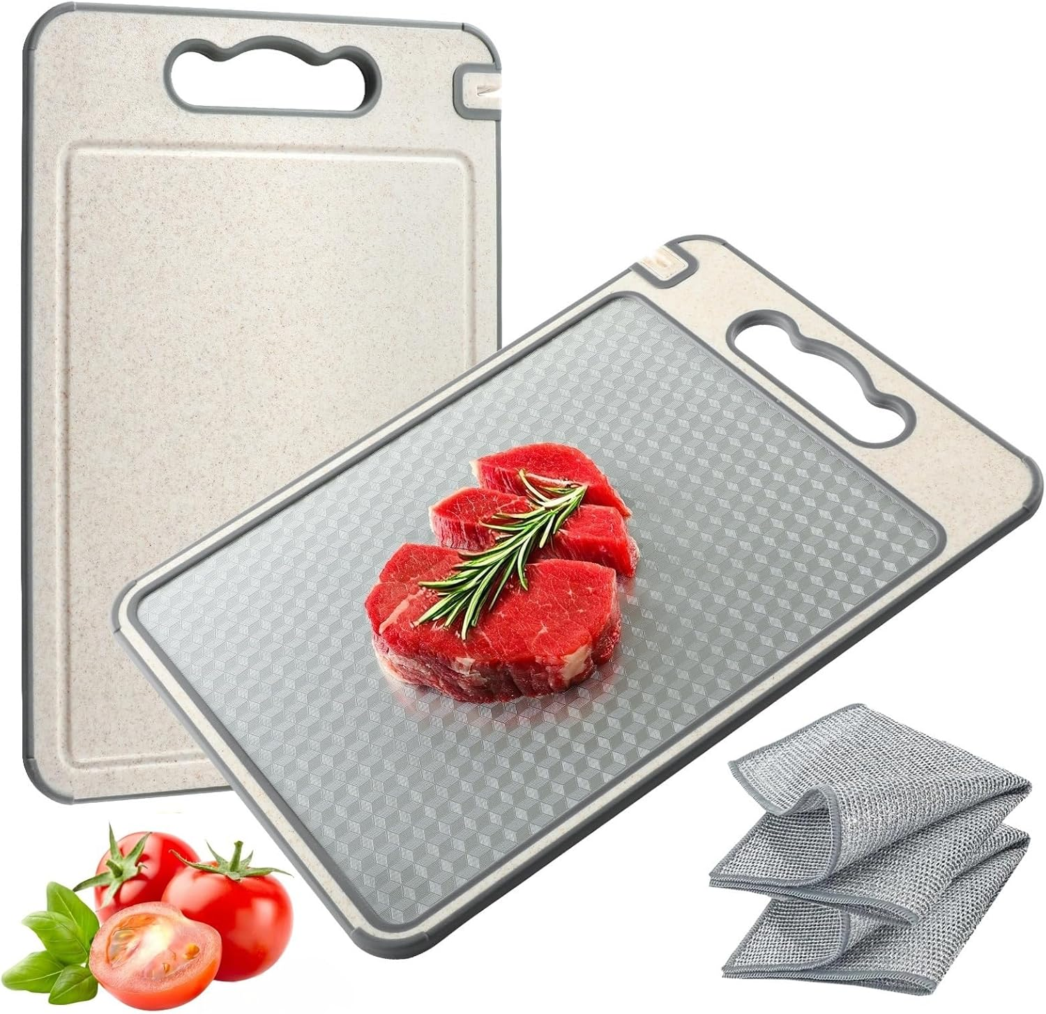 CHDEXU Double Sided Cutting Board for Kitchen, 304 Stainless Steel and Wheat Straw Chopping Board for Meat Vegetables Fruit, Cutting Boards with Handle and Non Slip Design image number 5