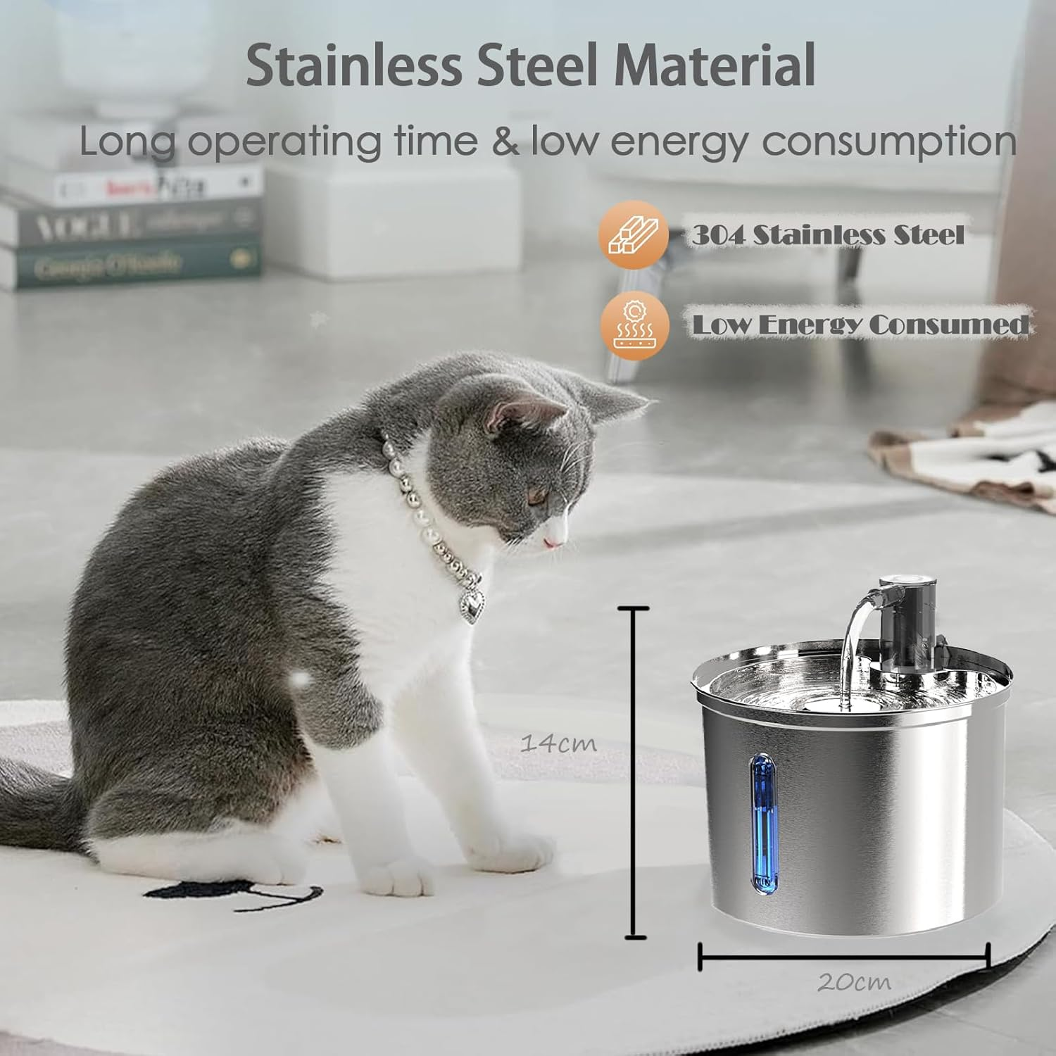 Cat Water Fountain Stainless Steel: 3L Pet Fountain Water Bowl Dog Drinking Dispenser, Cat Feeding & Watering Supplies, Animal Metal Kitty Spout for Cats inside with Replacement Filters, Silver image number 2