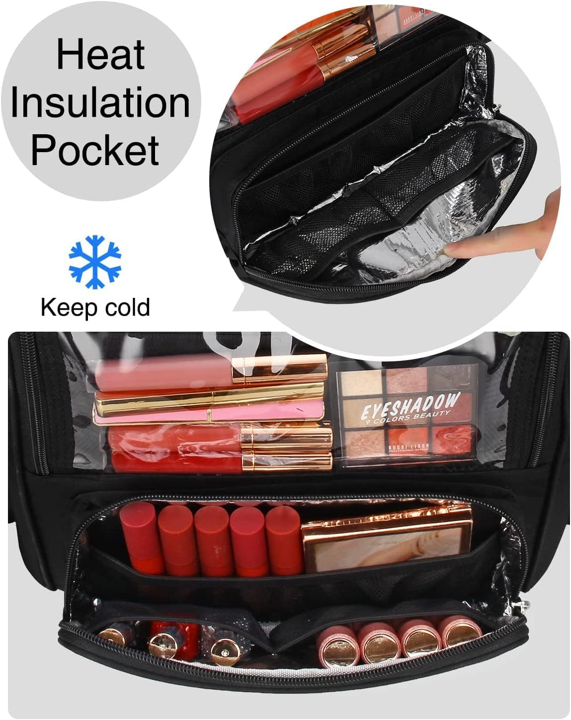 Makeup Brush Bag, Clear Makeup Brush Holder with Lid, Extra Large Capacity Travel Cosmetic Bag Makeup Artist Must Haves, Black Makeup Case, Make up Organizers and Storage, with Adjustable Dividers image number 4