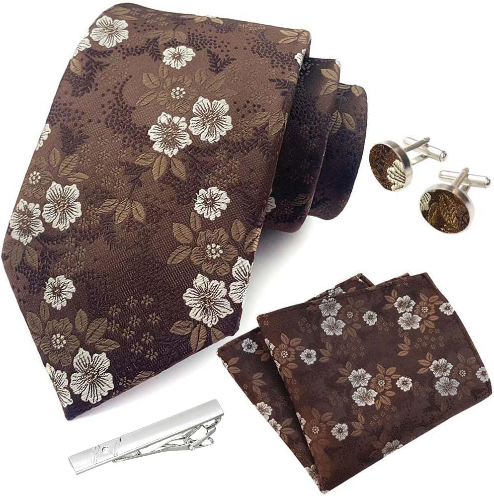 Men'S 8Cm Silk Fashion Floral Tie Hanky Cufflinks Clip Gift Box Bag Set Ac8888