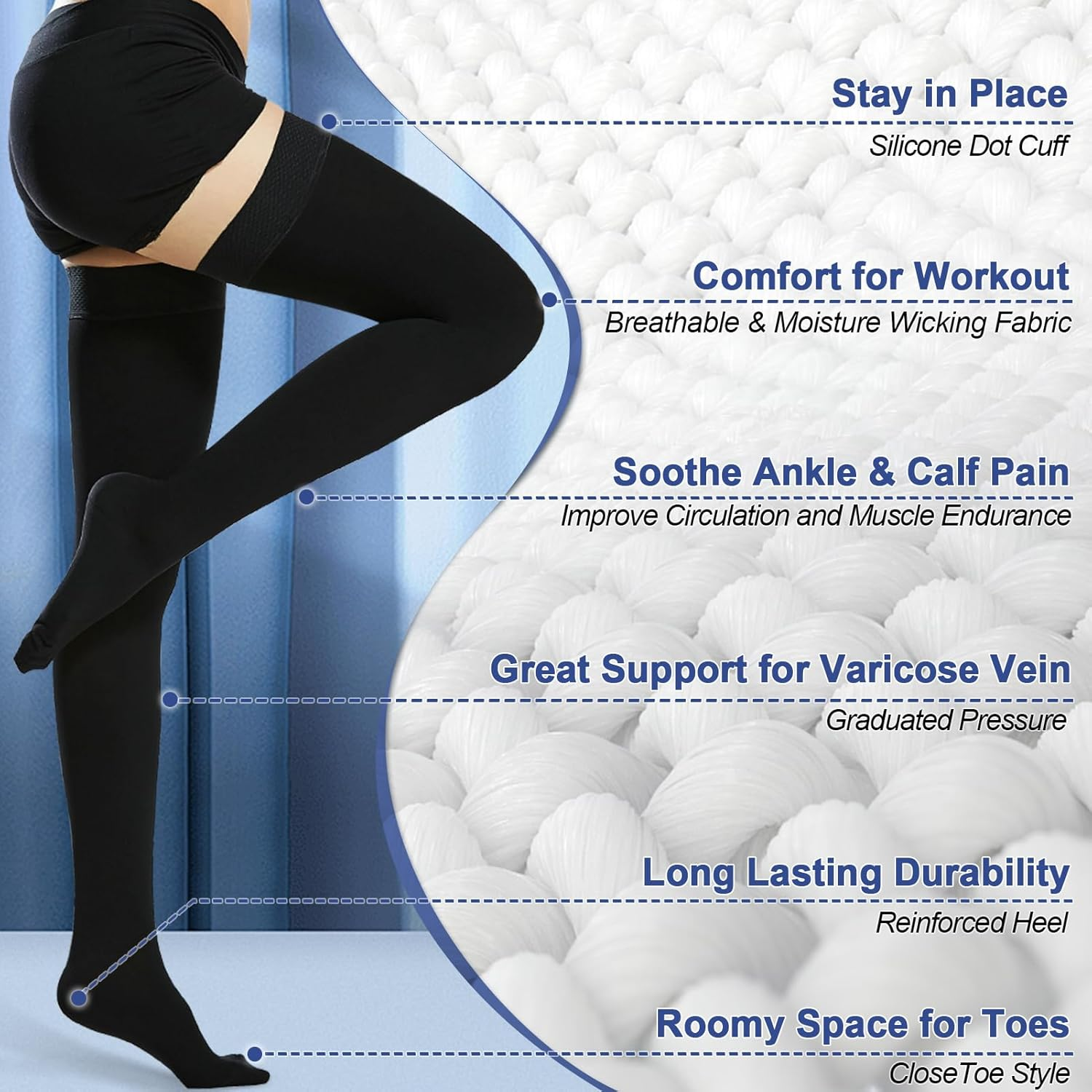 Beister Compression Stockings 20-30 Mmhg for Women & Men, 1 Pair Medical Thigh High Closed Toe Socks for Varicose Veins, Edema, Flight image number 4