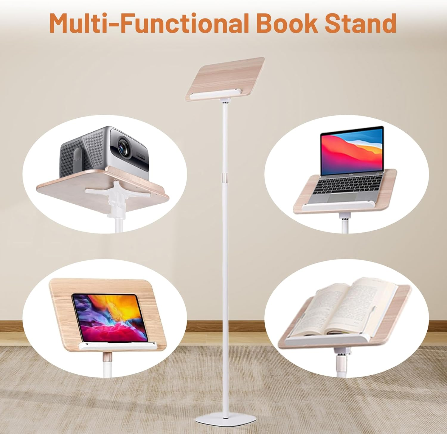 Uandhome Adjustable Book Stand for Reading (50-170CM),180&deg; Rotating Hands,Free Folding Flexible Book Holder with Page Clip for Quran,Cookbooks,Magazines,Textbook,Laptop(Walnut&Black) (Wood&White) - Woodwhite image number 5