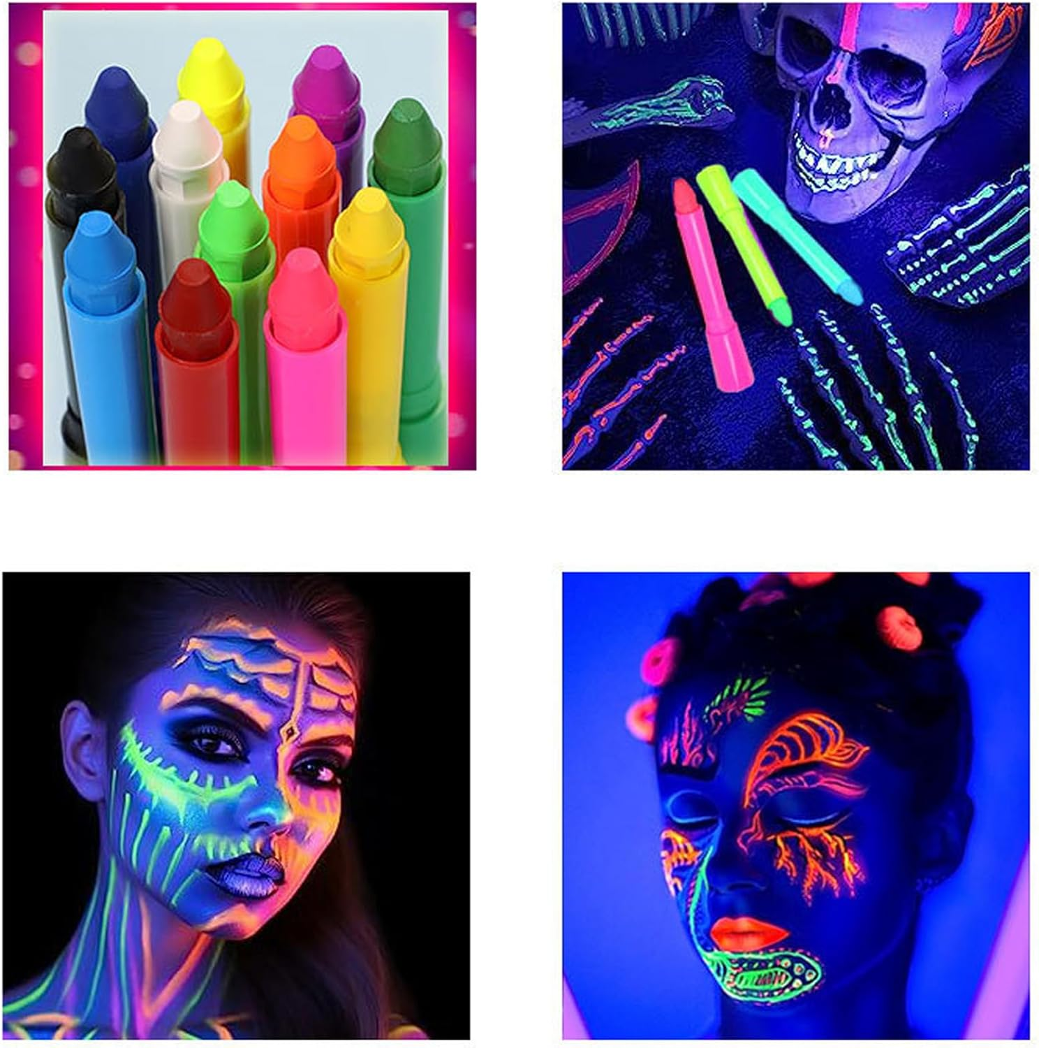 Glow in the Dark Paint-12 Colors 60G Crayons Body and Face Painting Kit Glow under UV Light,Non-Toxic Makeup for Halloween Masquerades Christmas Party Supplies image number 1