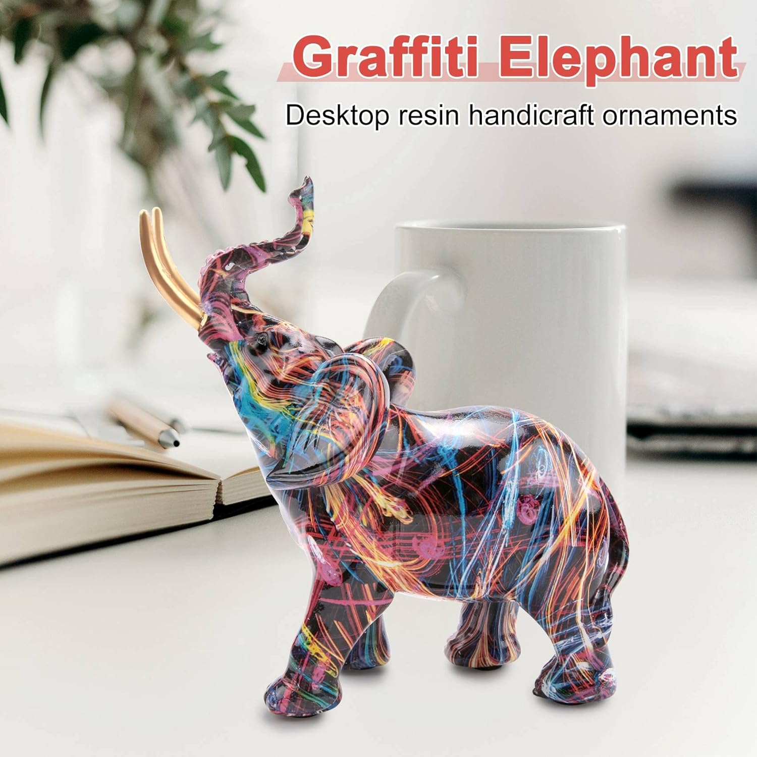 Pvcqjkd Nordic Painting Graffiti Elephant Sculpture Figurine Colorful Art Elephant Statue Resin Animal Statue Decor C
