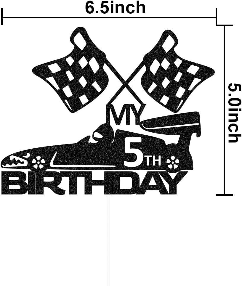 SWEETTALA Racing Car 5Th Cake Topper for Race Car Checkered Flag Themed Kids Boy Girl 5 Years Old Birthday Party Decorations Black Glitter (My 5Th Birthday)