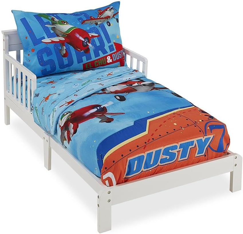 Disney Toy Story 4 - Blue, Green, Yellow Toys in Action 4Piece Toddler Bed Set - Comforter, Flat Top Sheet, Fitted Bottom Sheet, Reversible Pillowcase, Blue, Green, Yellow,