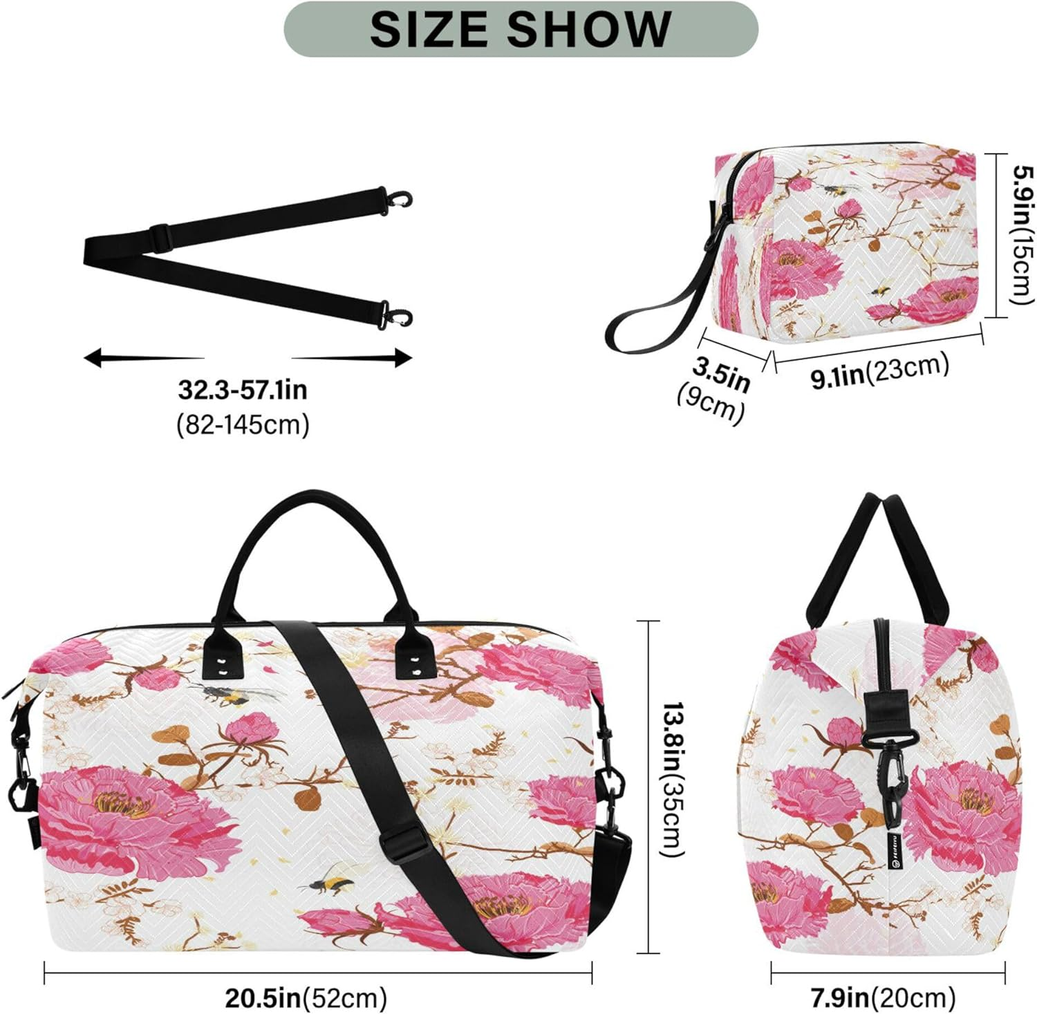 Luggage Travel Bag Gym Bag Weekender Overnight Bag with Adjustable Strap for Workout Waterproof Oriental Soft Gentle Bloom Flower Bee Happy Good Luck, Multi, 1 Size, Modern/Fitted, Multi, 1 Size, image number 6