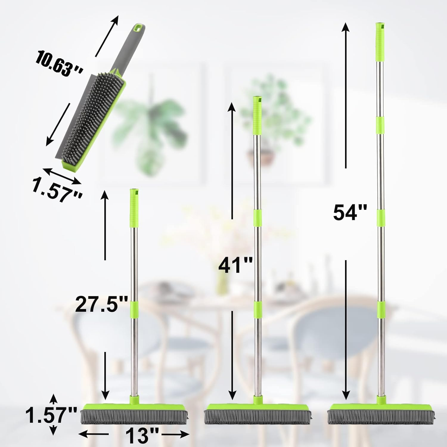 Rubber Broom Carpet Rake for Pet Hair Remover, Fur Remover Broom with Squeegee, Portable Detailing Lint Remover Brush, Pet Hair Removal Tool for Fluff Carpet, Hardwood Floor, Tile, Window (Green) image number 4