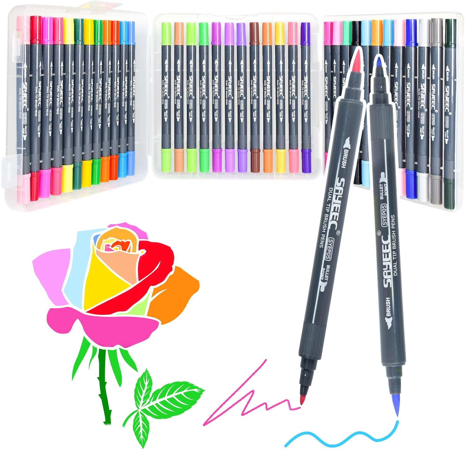 SAYEEC Watercolor Dual Brush Pens 24 Colors Art Coloring Markers Fine and Brush Tip Drawing Pens Artist Colored Markers for Adult Coloring Books Doodling Bullet Journaling Hand Lettering Calligraphy