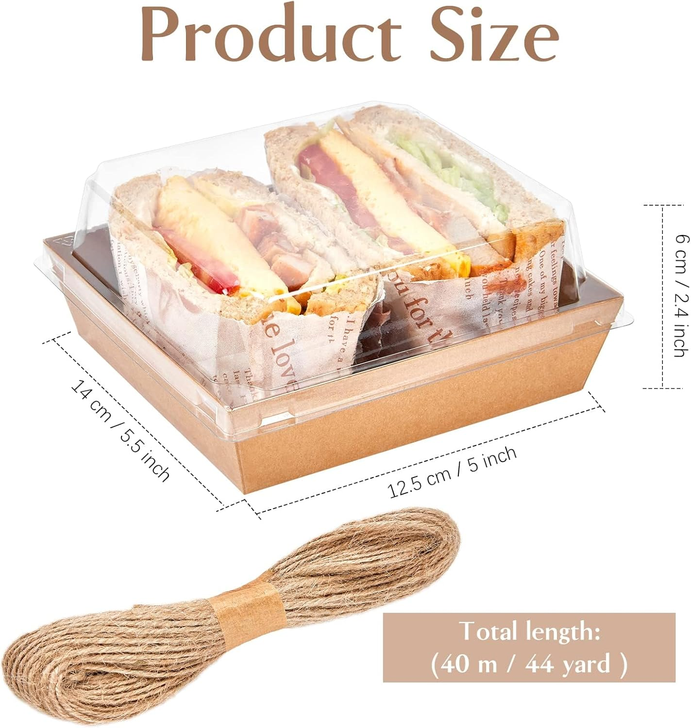 50Pack Paper Charcuterie Boxes with Clear Lids Square Sandwich Boxes with 44Yd Twine Disposable Food Containers for Swiss Roll, Strawberries, Slice Cake, Cookies, Brown - White image number 7