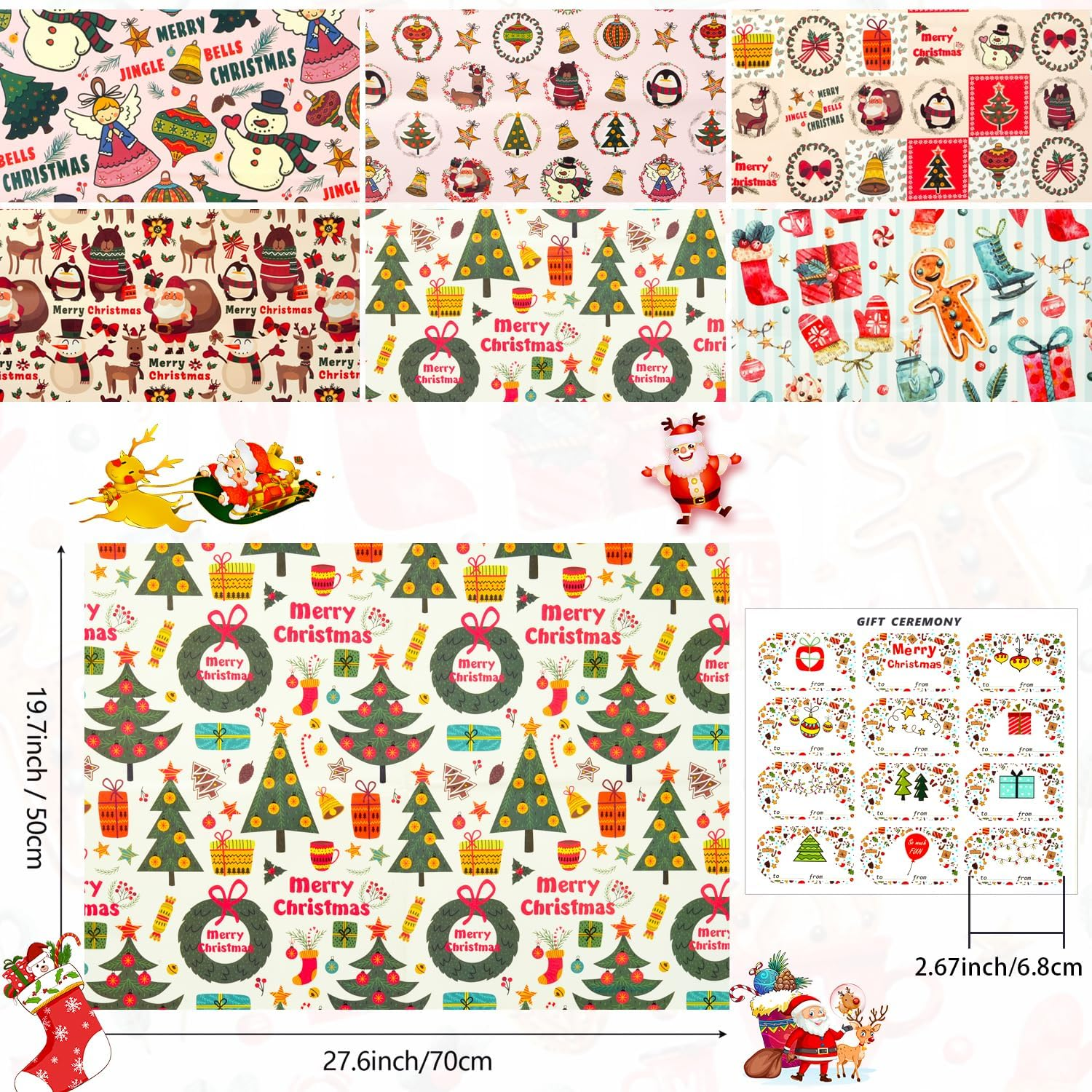 MAMUNU Christmas Wrapping Paper Sheets, Cute Pink Xmas Kraft Gift Wrapping Paper for Kids Girls Women, Assorted 6 Designs Classic Wrap Paper Set for Christmas New Year Holiday, 20 &times; 28 Inch - Brown And Red image number 3