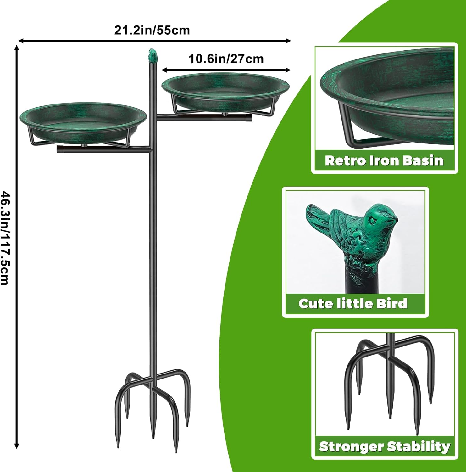 Veyfolzin.St Bird Bath Bowl Standing, 2-In-1 Bird Bath for Outdoor Garden with Double Basin for Water and Food, Metal Birds Bird Basin for Garden Decoration (Old Green) image number 5