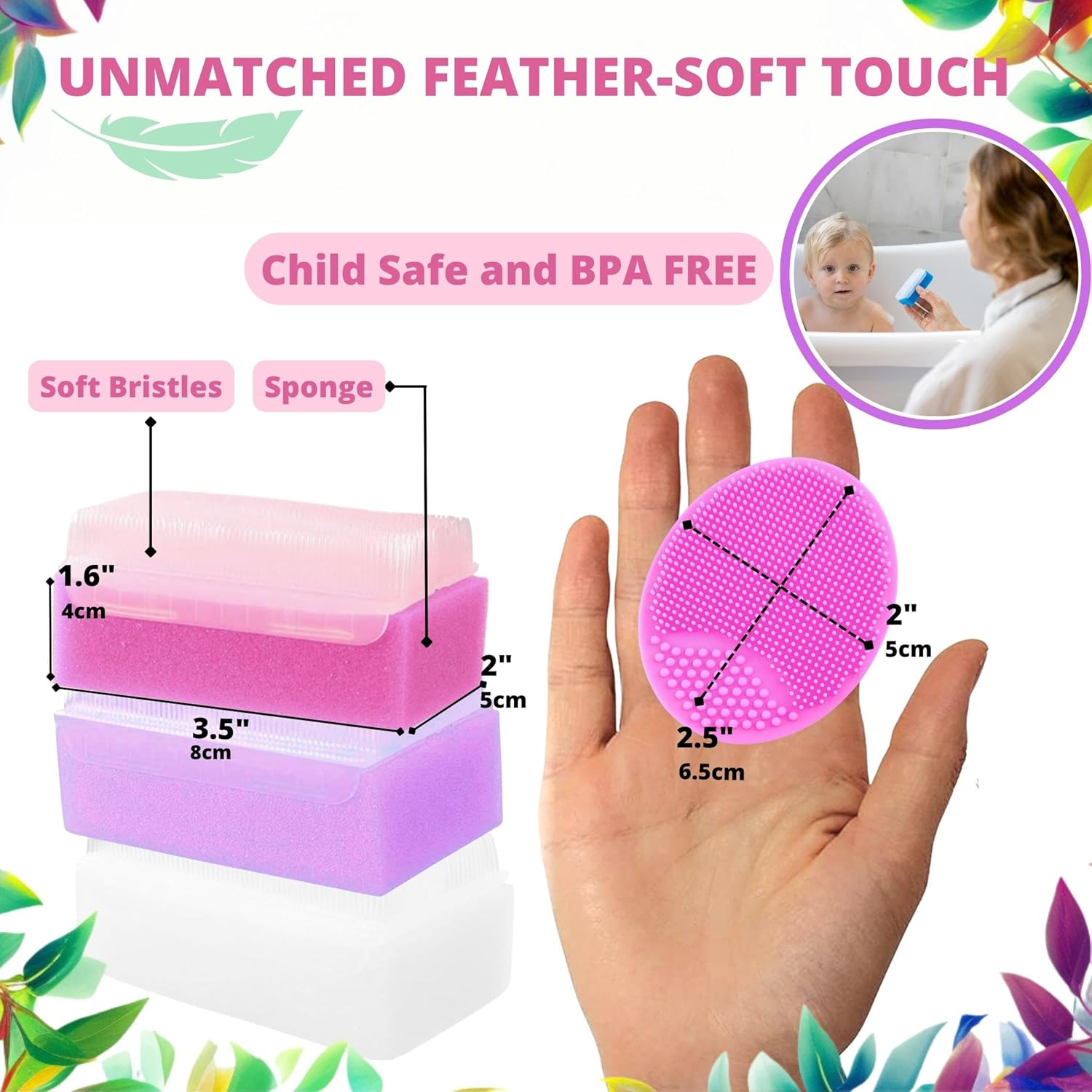 Cradle Cap Brush for Babies - Baby Sponge for Bathing Newborn Bath Essentials | Cradle Cap Treatment - Baby Brush and Comb Set Newborn | Baby Bath Sponges for Newborns (5-Pack Pink) image number 2