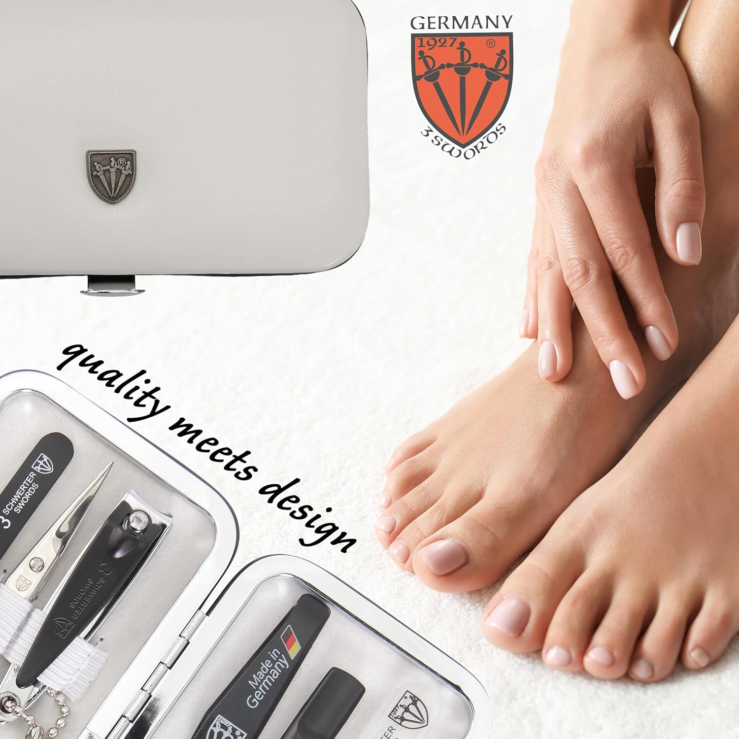 3 Swords Germany - Brand Quality 6 Piece Manicure Pedicure Grooming Kit Set - Scissors, Metal and Glass Nail File, Clipper, Tweezers with Synthetic Leather Case - White/Black Tools - Black image number 4