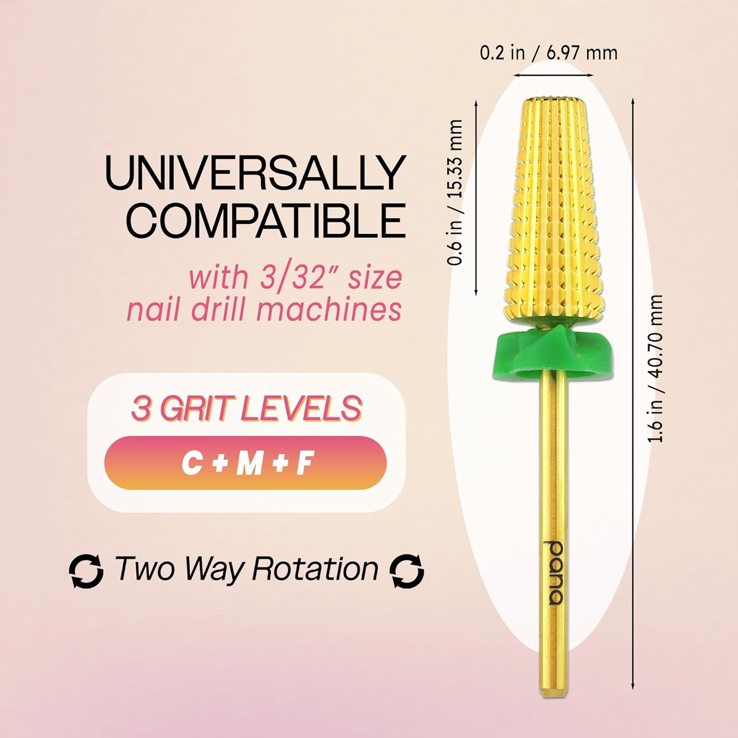 PANA Nail Carbide 5 in 1 Bit - Two Way Rotate Use for Both Left and Right Handed - Fast Remove Acrylic or Hard Gel - 3/32" Shank - Manicure, Nail Art, Drill Machine (Coarse - C, Gold) image number 2